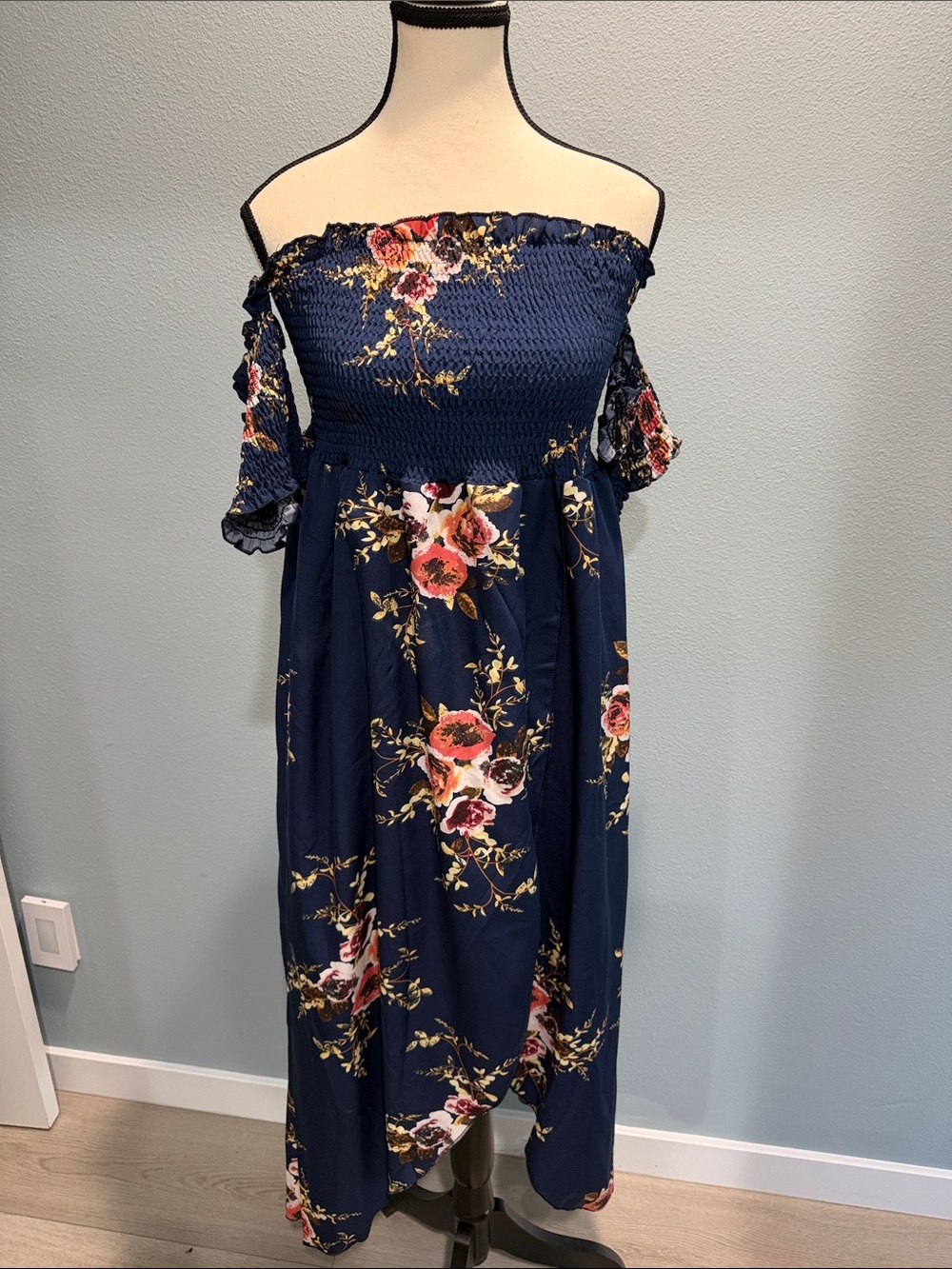 SHEIN Navy Floral One-Shoulder Maxi Dress